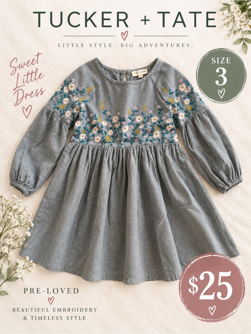 Tucker + Tate Gray Floral Embroidered Long-Sleeve Dress